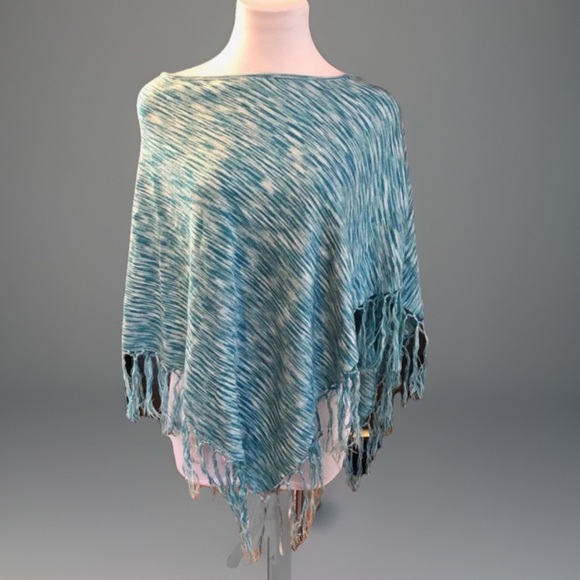 Southwestern Blue White Fringe PONCHO Cape Shawl - Picture 1 of 6